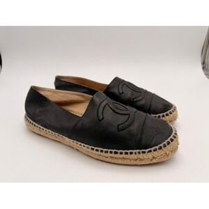 Chanel Espadrilles Women Black Good Lambskin Leather CC Logo‎ Flats